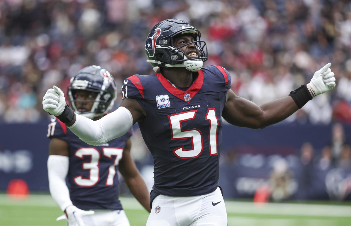 Houston Texans defensive end Will Anderson Jr. (51) reacts after a play during the third quarter against the New Orleans Saints at NRG Stadium.